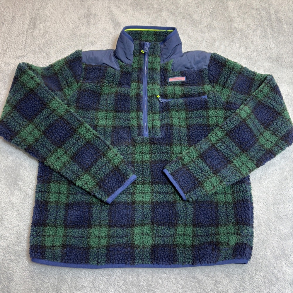 Vineyard Vines Fleece Pullover Women S Green Blue Plaid Quarter Zip Sherpa Top
